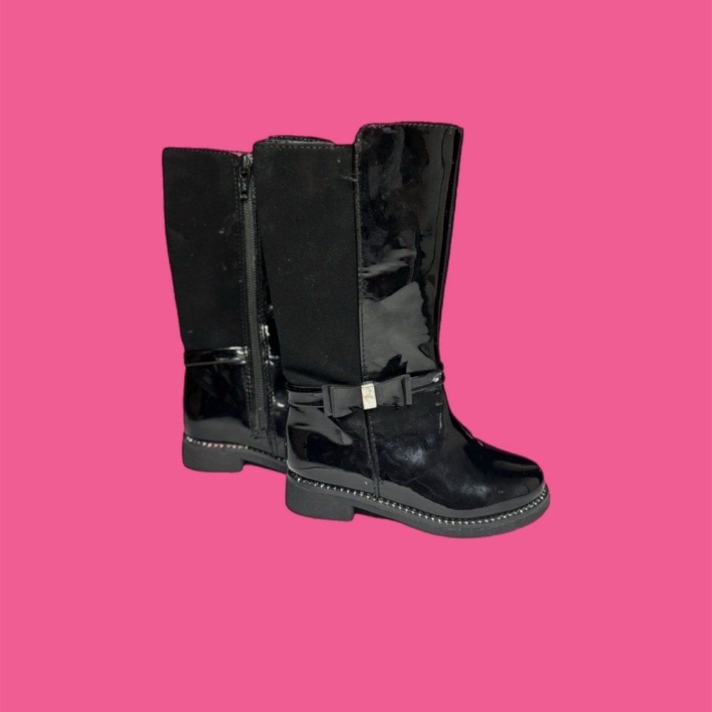 Toddler Girls Bow Faux Patent Leather Tall Boots - Black Size: 7